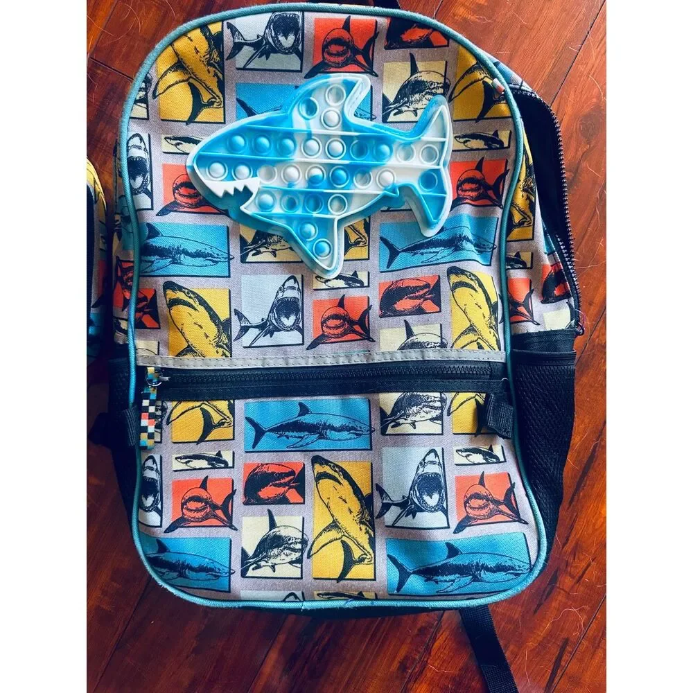 New Whale Print Bag Pack-Lunch Box Set w/ Large rubber Fish Accent Medium size.